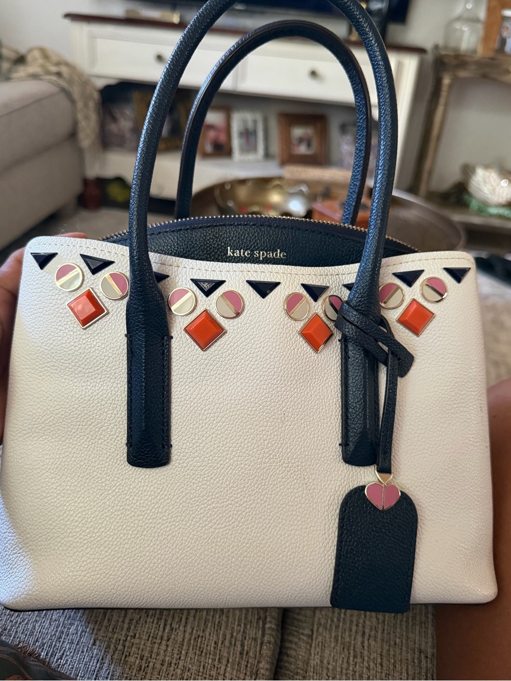 kate spade Cream Leather Satchel with blues Handles and Pink & Orange Accents